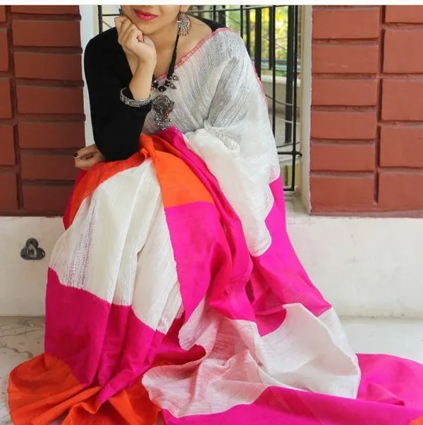 White and Pink Color Cotton Linen Saree With Unstitched Blouse Piece