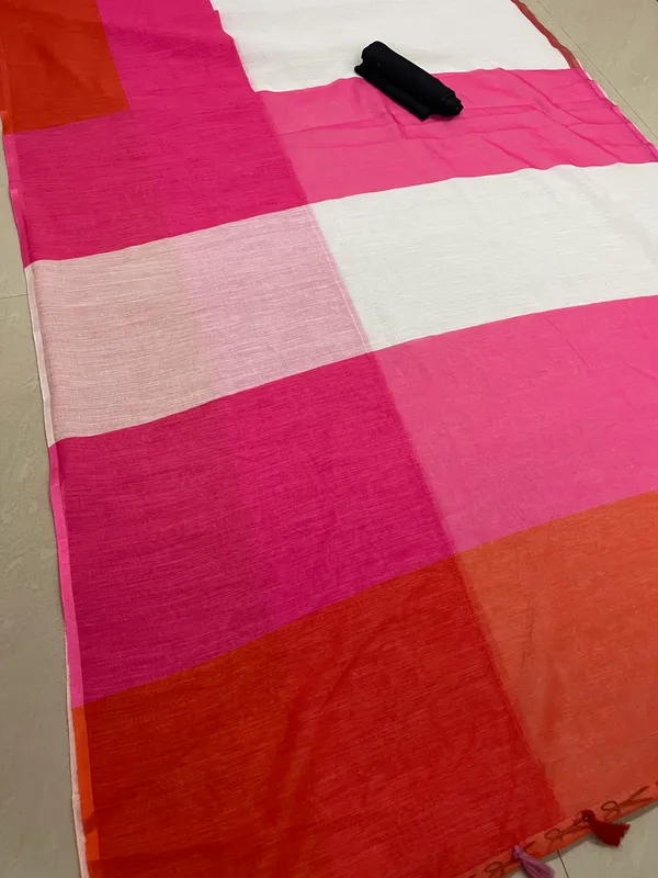 White and Pink Color Cotton Linen Saree With Unstitched Blouse Piece