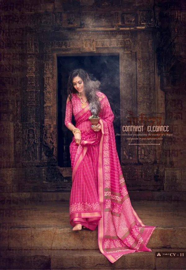 Pink Color Cotton Linen Saree With Unstitched Blouse Piece