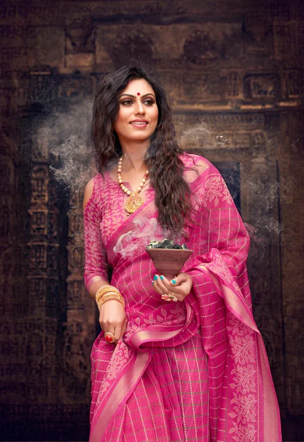 Pink Color Cotton Linen Saree With Unstitched Blouse Piece