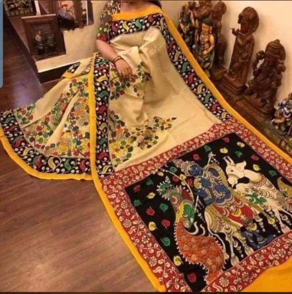 Beige Color Kalamkari Print Cotton Linen Saree with Unstitched Blouse