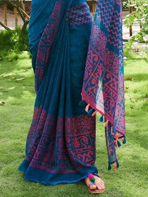 Blue Color Print Cotton Linen Saree with Unstitched Blouse