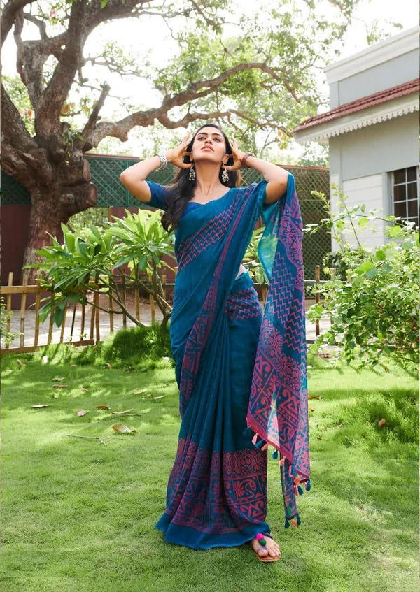 Blue Color Print Cotton Linen Saree with Unstitched Blouse