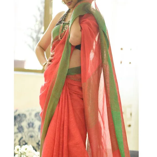 Orange and Green Color Cotton Linen Saree With Unstitched Blouse Piece