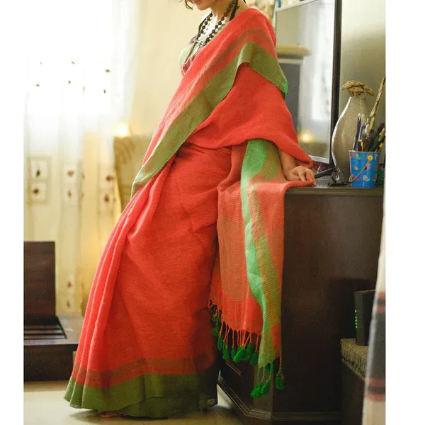 Orange and Green Color Cotton Linen Saree With Unstitched Blouse Piece