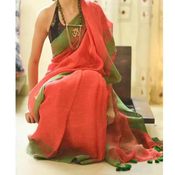 Orange and Green Color Cotton Linen Saree With Unstitched Blouse Piece
