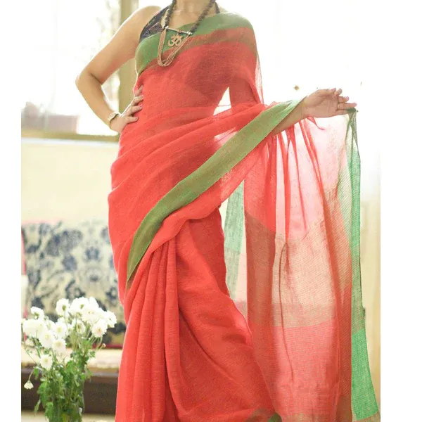 Orange and Green Color Cotton Linen Saree With Unstitched Blouse Piece