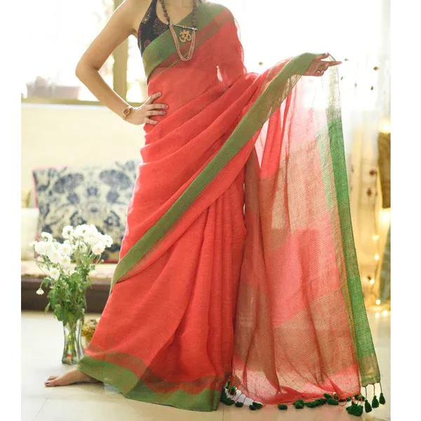Orange and Green Color Cotton Linen Saree With Unstitched Blouse Piece