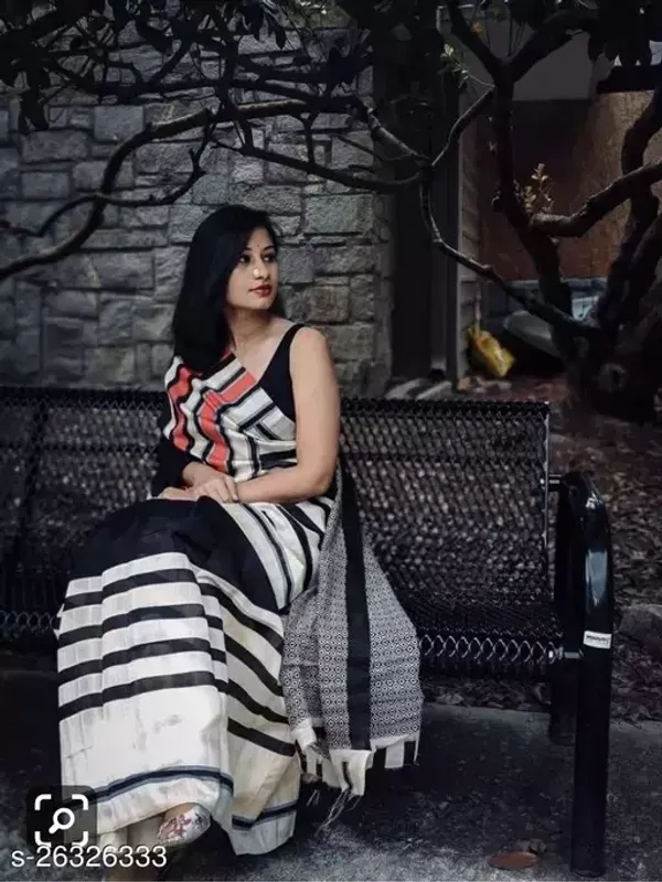 White and Black Color Cotton Linen Saree With Unstitched Blouse Piece