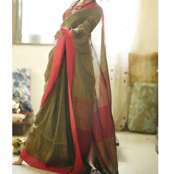 Green and Orange Color Cotton Linen Saree With Unstitched Blouse Piece