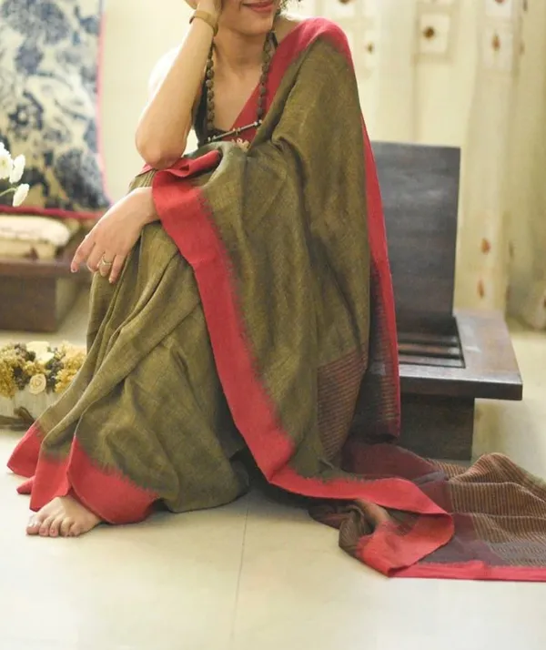 Green and Orange Color Cotton Linen Saree With Unstitched Blouse Piece