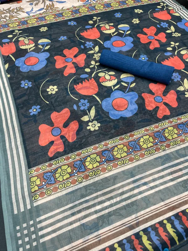 Multi Color Cotton Linen Saree With Unstitched Blouse Piece