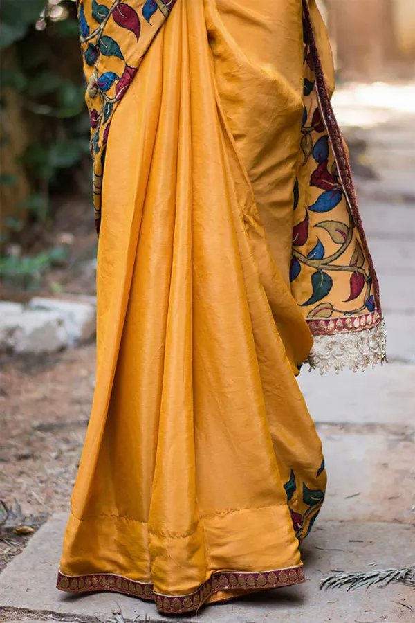 Orange Color Cotton Linen Saree With Unstitched Blouse Piece
