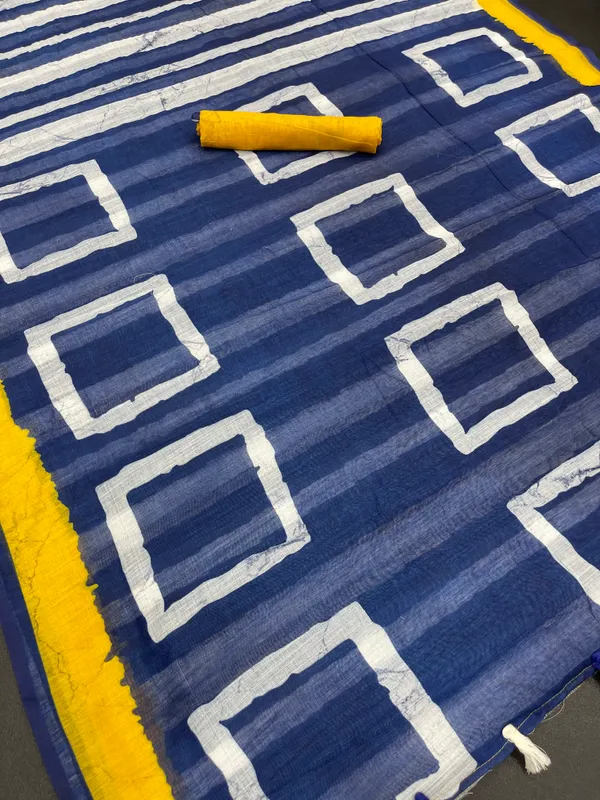 Blue Color Cotton Linen Saree With Unstitched Blouse Piece