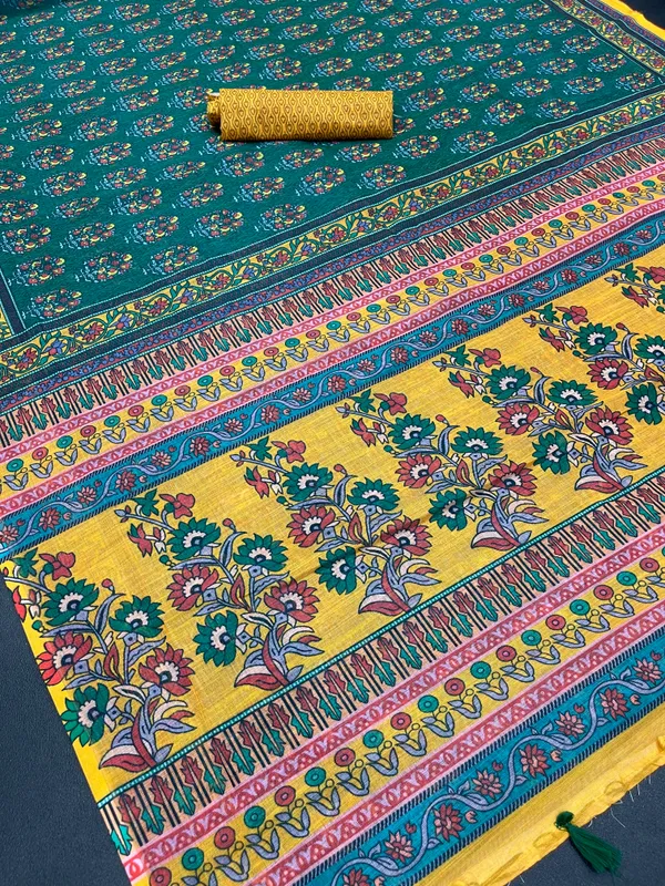 Green Color Cotton Linen Saree With Unstitched Blouse Piece