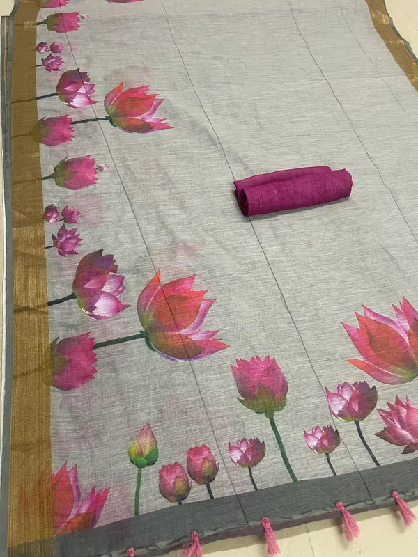 Gray Color Cotton Linen Saree With Unstitched Blouse Piece