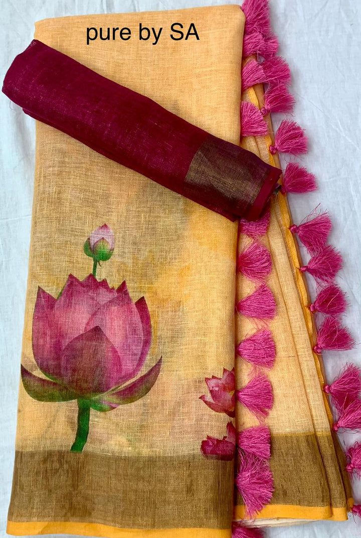 Yellow Color Cotton Linen Saree With Unstitched Blouse Piece