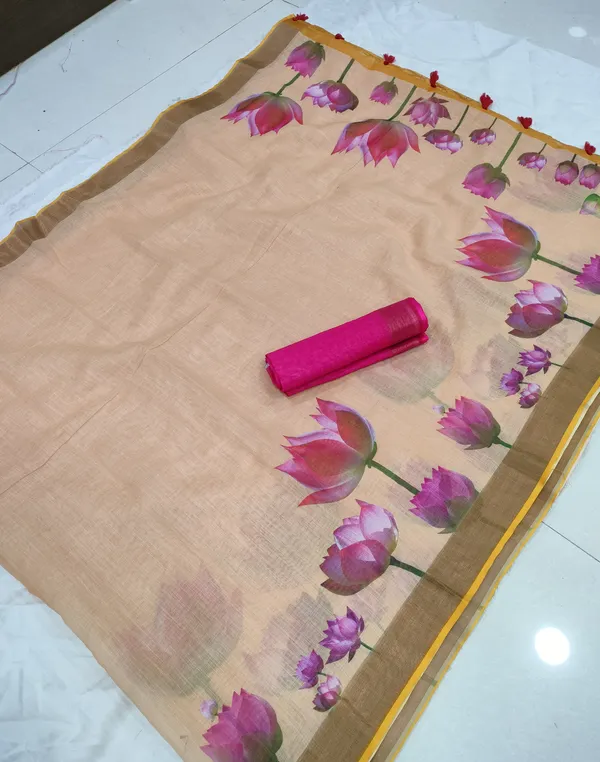 Yellow Color Cotton Linen Saree With Unstitched Blouse Piece