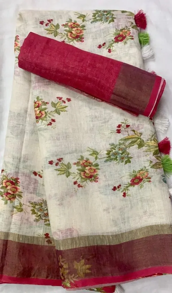 White Color Cotton Linen Saree With Unstitched Blouse Piece
