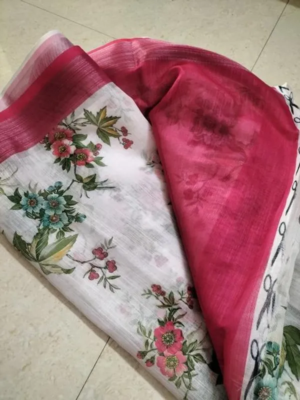 White Color Cotton Linen Saree With Unstitched Blouse Piece