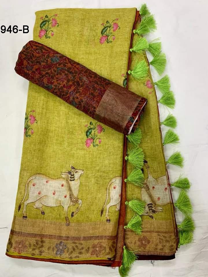 Green Color Cotton Linen Saree With Unstitched Blouse Piece