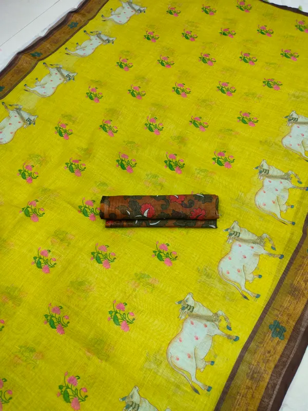 Green Color Cotton Linen Saree With Unstitched Blouse Piece