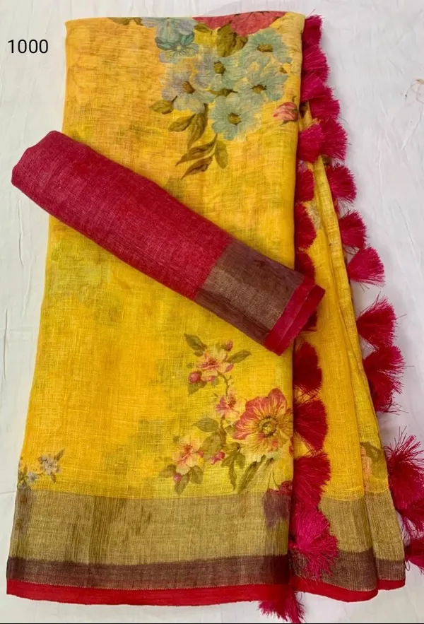 Yellow Color Cotton Linen Saree With Unstitched Blouse Piece