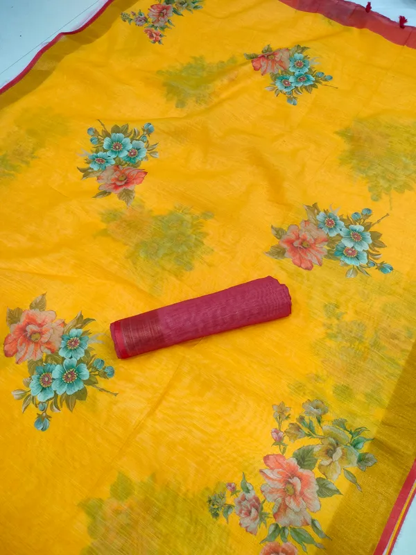 Yellow Color Cotton Linen Saree With Unstitched Blouse Piece