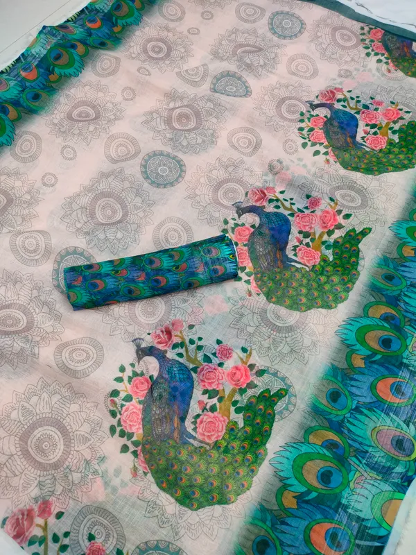 Multi Color Cotton Linen Saree With Unstitched Blouse Piece