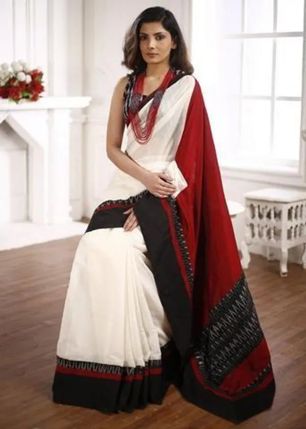 White and Red Color Cotton Linen Saree With Unstitched Blouse Piece