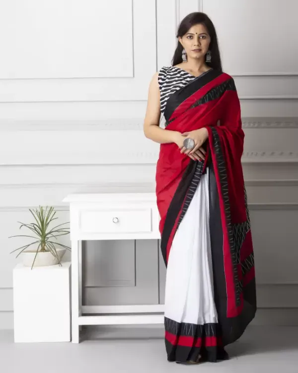 White and Red Color Cotton Linen Saree With Unstitched Blouse Piece
