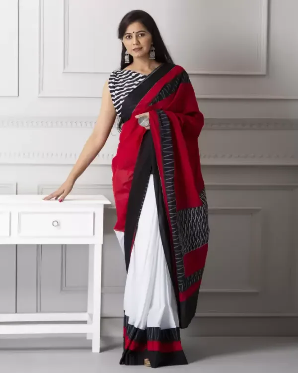 White and Red Color Cotton Linen Saree With Unstitched Blouse Piece