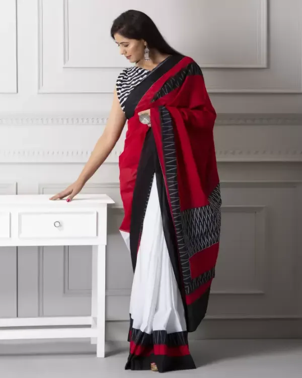 White and Red Color Cotton Linen Saree With Unstitched Blouse Piece