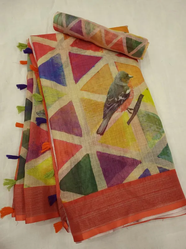 Multi Color Cotton Linen Saree With Unstitched Blouse Piece