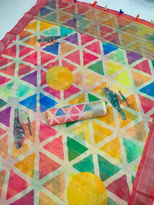 Multi Color Cotton Linen Saree With Unstitched Blouse Piece