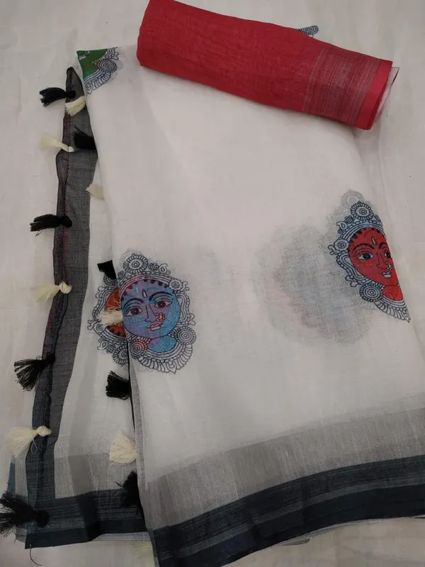 White Color Cotton Linen Saree With Unstitched Blouse Piece