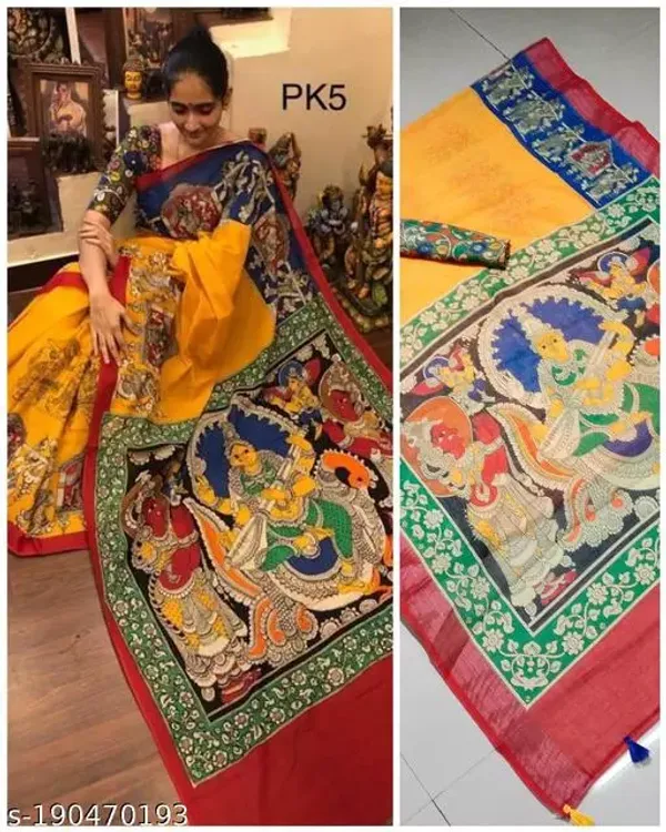 Orange Color Kalamkari Cotton Linen Saree with Unstitche Blouse
