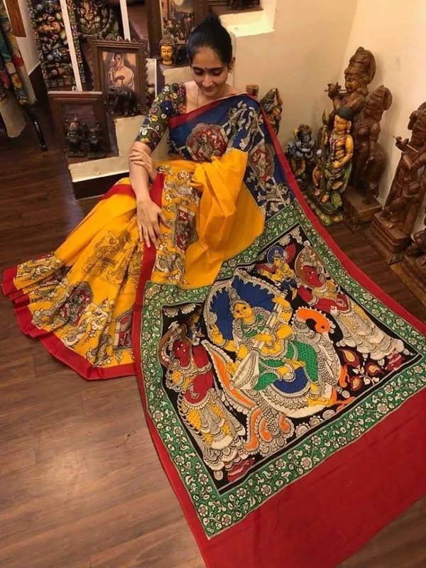 Orange Color Kalamkari Cotton Linen Saree with Unstitche Blouse