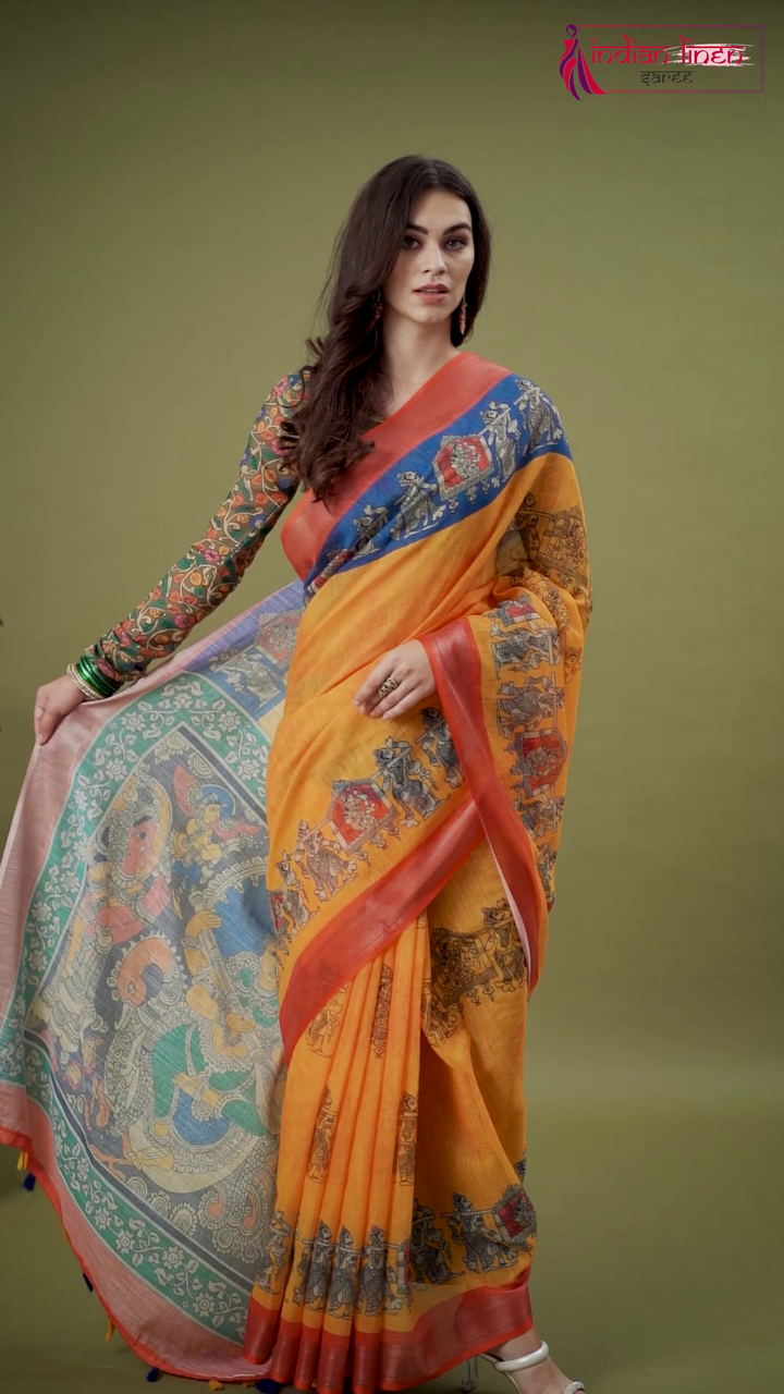 Mustard Yellow Cotton Linen Saree With Unstitched Blouse Piece