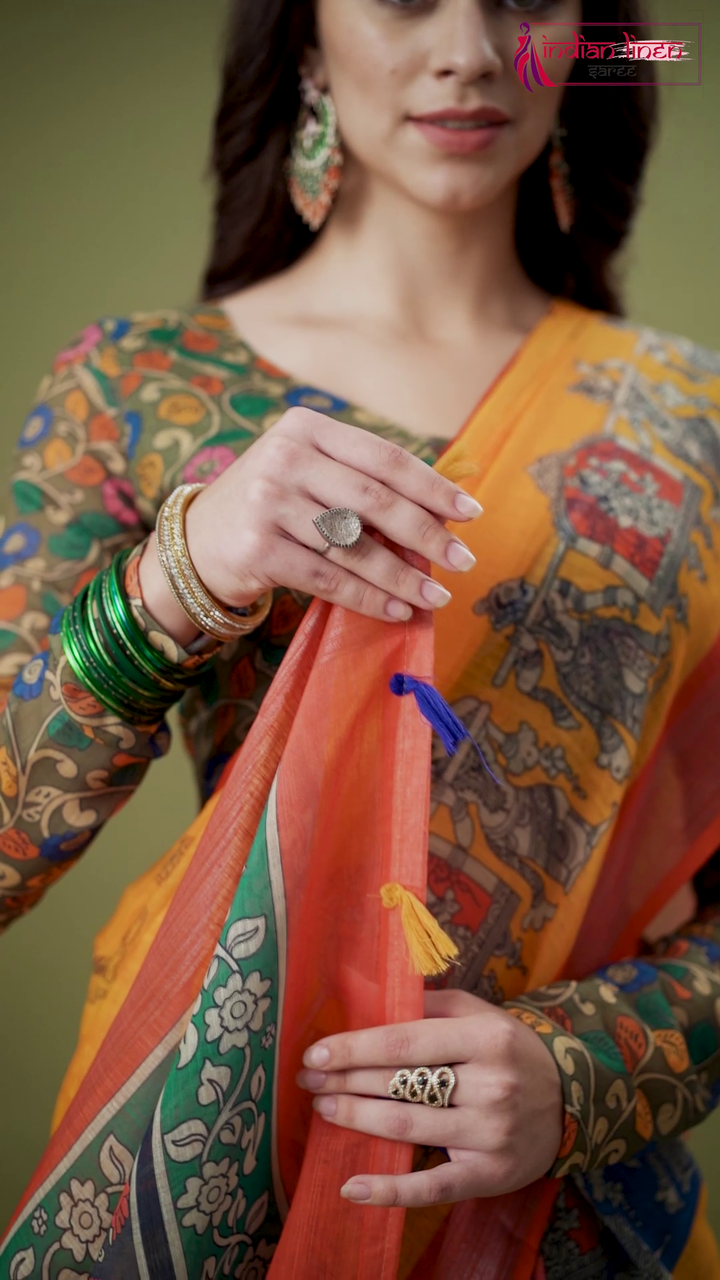 Mustard Yellow Cotton Linen Saree With Unstitched Blouse Piece