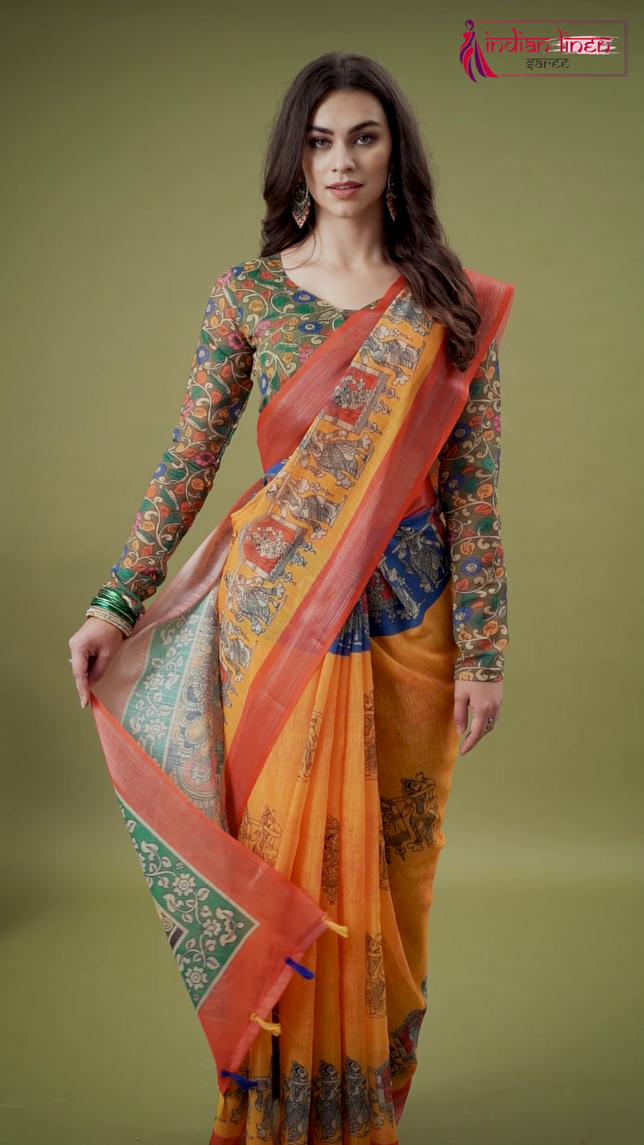 Mustard Yellow Cotton Linen Saree With Unstitched Blouse Piece