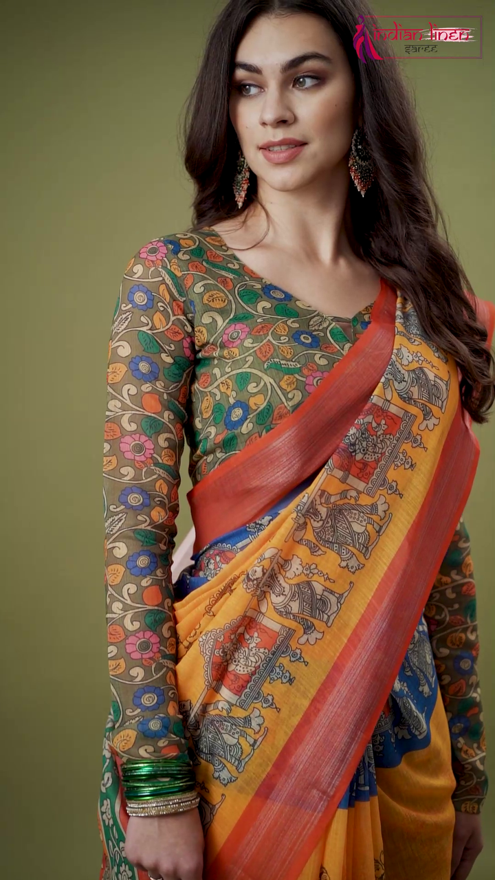 Mustard Yellow Cotton Linen Saree With Unstitched Blouse Piece