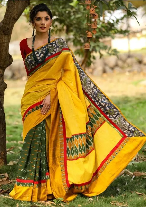 Yellow Color Cotton Linen Saree With Unstitched Blouse Piece