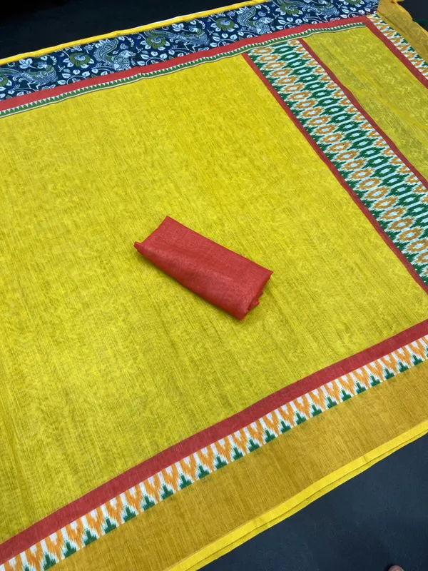 Yellow Color Cotton Linen Saree With Unstitched Blouse Piece