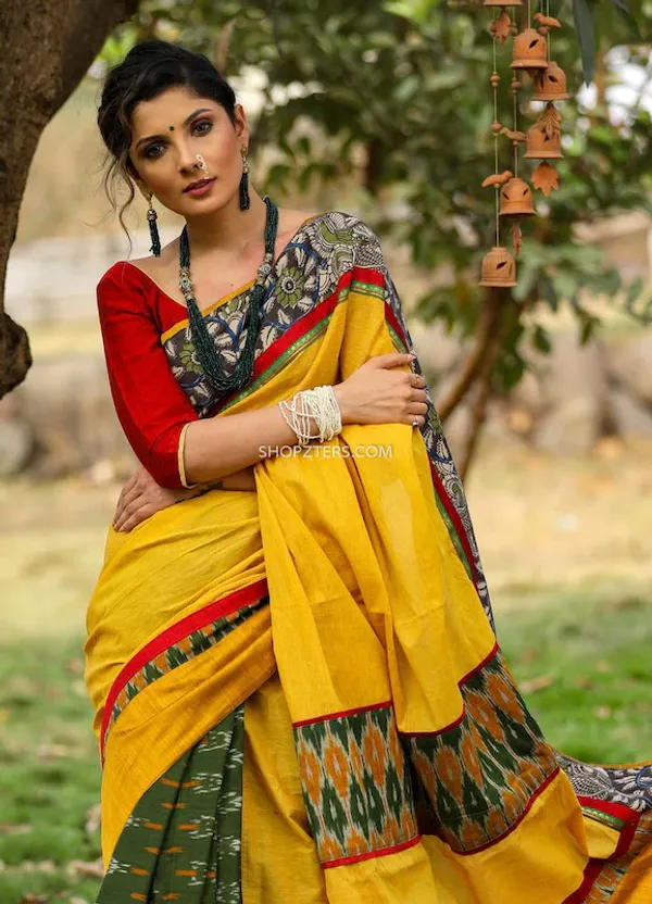 Yellow Color Cotton Linen Saree With Unstitched Blouse Piece