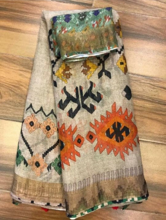 Off-White Color Cotton Linen Saree With Unstitched Blouse Piece