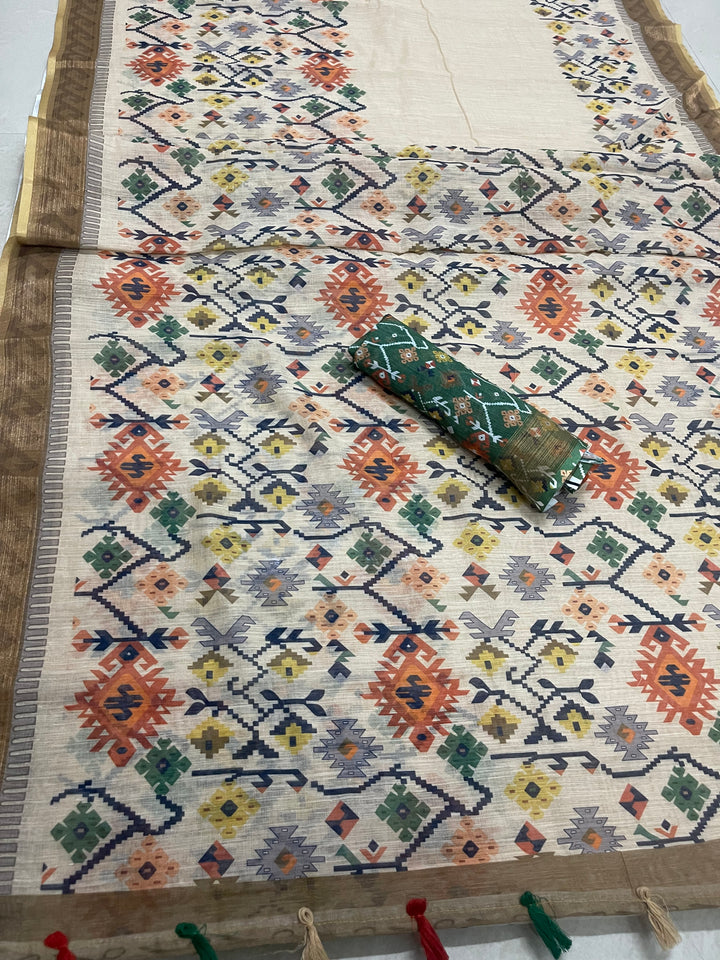 Off-White Color Cotton Linen Saree With Unstitched Blouse Piece
