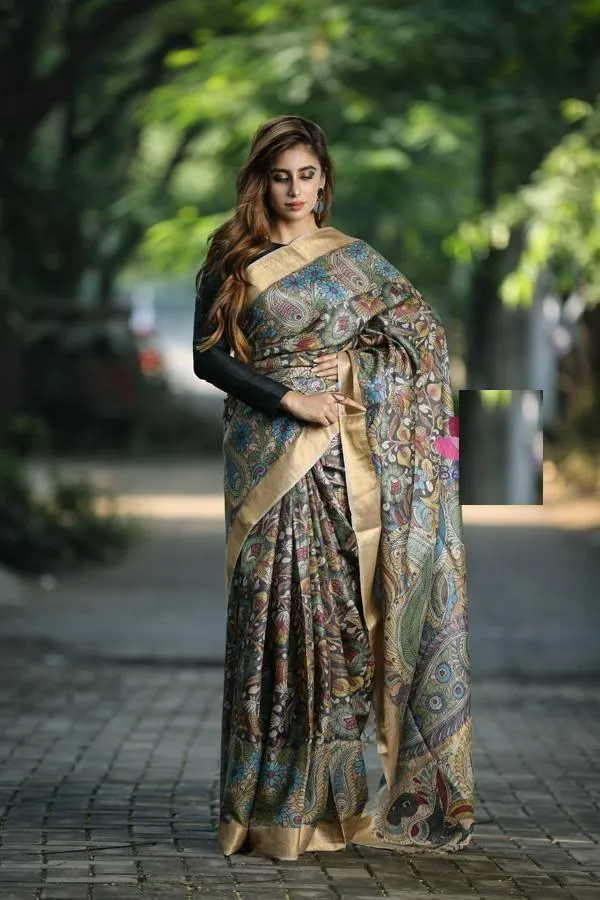 Multi Color Cotton Linen Saree With Unstitched Blouse Piece