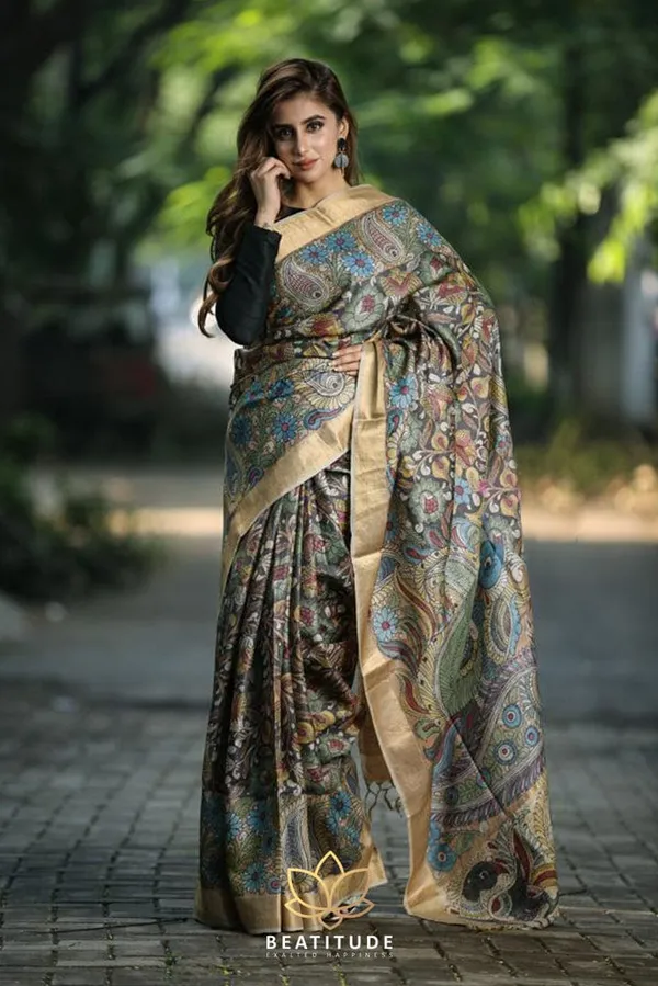 Multi Color Cotton Linen Saree With Unstitched Blouse Piece