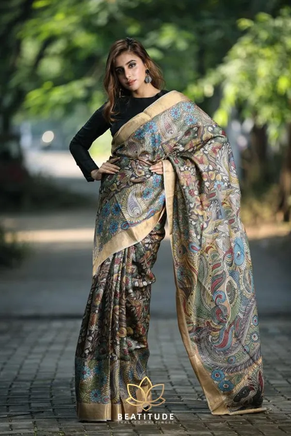 Multi Color Cotton Linen Saree With Unstitched Blouse Piece